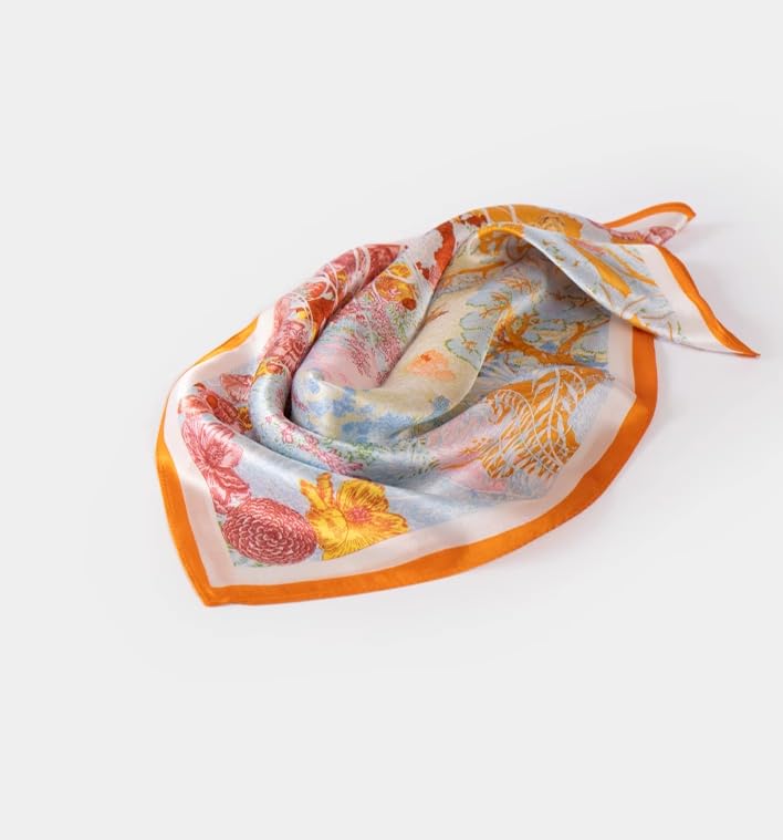 MEISEE 100% Pure Mulberry Silk Scarf 21" Square Scarf Neckerchief Headscarf Breathable Lightweight for Women Gift Packed - color: M3 Orange Beige Flower