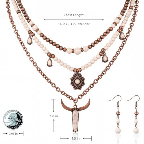 Montana West Rustic Couture's Western Jewelry Set for Women Cowgirl Vintage Western Necklace Earring - color: Layered-White Turquoise