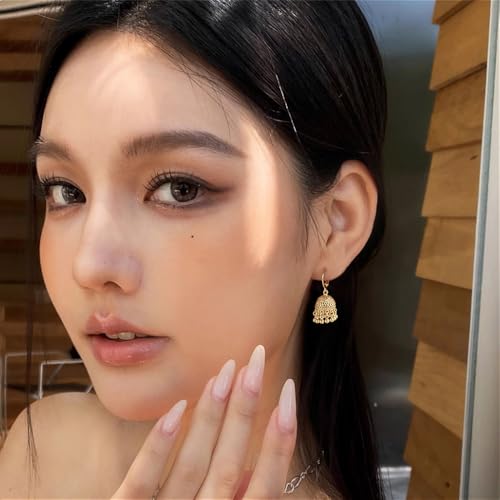Gold-Tone Indian Jhumki Bell Hoop Vintage Statement Earrings for Women Retro Ethnic Bohemian Hollow Jhumka Round Bells Tassel Dangle Drop Earring Bollywood Traditional Boho Gypsy Huggie Hoops Jewelry