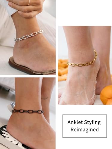 ChainsHouse Ankle Bracelets for Women, Stainless Steel Chain Anklets Waterproof, Women Summer Beach Jewelry Gift, Come with Box - color: 01. 1Pcs-(6mm)-Paperclip-Black