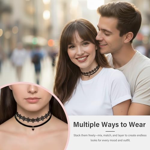 6 Pcs Black Choker Necklaces Black Velvet Choker Set Classic Gothic Tattoo Lace Chokers,Adjustable Lace Choker Necklace For Women