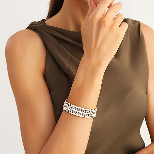 Zealmer Sparkle Multicolor Rhinestone Stackable Stretch Bracelets for Women - color: 5 Row Gold Bracelet