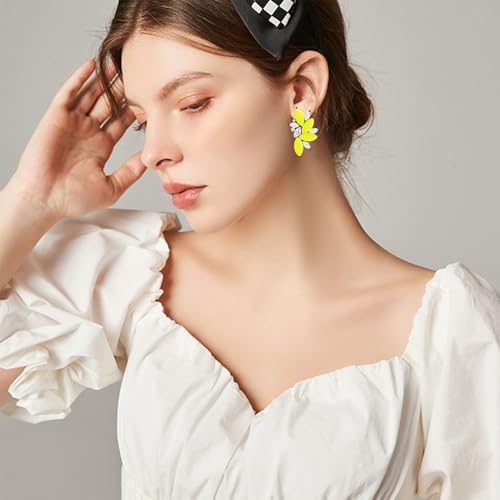 Bohemian Statement Sparkly Colourful Fancy Rhinestone Crystal Flower Dangle Drop Stud Earrings Vintage Wedding Bridal Prom Earrings for Women - color: Yellow