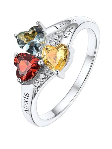 Custom4U Personalized 1-4 Birthstone Rings for Women Promise Rings for Her Sterling Silver Mothers Ring Customized Cubic Zirconia Stones Wedding/Valentine's Day/Mother's Day Jewelry Gift for Mom Wife - color: A-3 Names-Silver