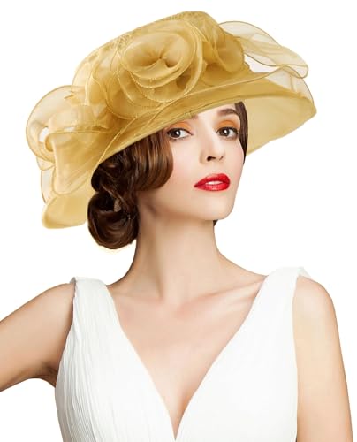 Women's Kentucky Derby Church Dress Hat Wide Brim Leaf Flower Bridal Shower Hat - color: A1 Gold