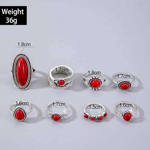 Western Rings Set for Women Red Boho Turquoise Ring Vintage Stackable Knuckle Rings Bohemian Cowboy Cowgirl Jewelry Country Concert Outfits - color: red