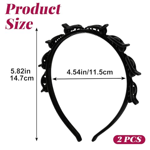 2 Pcs Headband with Clips, 90s Butterfly Hair Clips Headband with Teeth for Women, Braided Weave Bangs Non-Slip Clip Headbands Hair Accessories for Styling Decoration- Flocked Black - color: 2pcs,Black(Flocked)