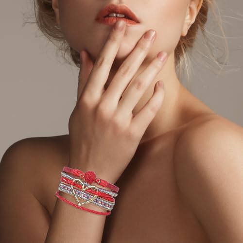 Leather Wrap Bracelet for Women, Boho Cuff Bracelet with Strong Clasp, Multi-Layer Crystal Leather Bracelet for Valentine Mother's Day - color: 01-Heart-Red