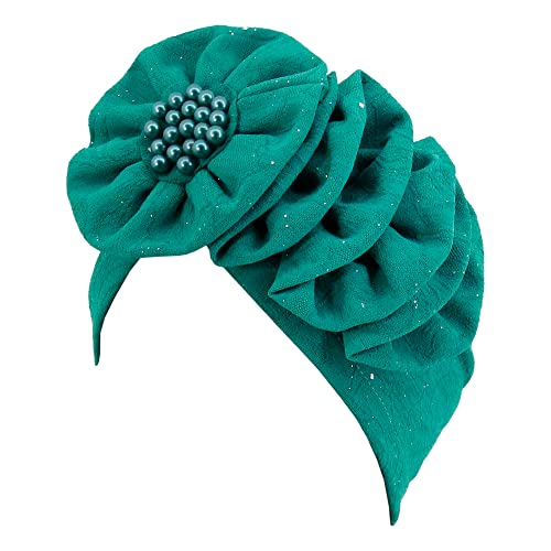 Erinaco Women Sparkle Sequin African Turban Bow Knot Pre-Tied Cap Pleated Ruffle Bonnet Beanie Hat Headwrap Skull Caps - color: Beaded Green