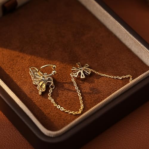 Gold Butterfly Floral Ear Cuff 1 Pair Chain Earrings Sparkling Zircon No Piercing Clip On Elegant Design for Women Everyday Casual Party Wear