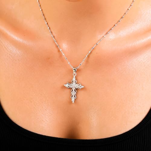 14K Gold Plated Cross Pendant Necklaces for Women Trendy, Dainty Choker CZ Cross Necklace Non Tarnish,Simple Tiny Cross Necklace for Jewelry Gifts - style: Flower-Platinum