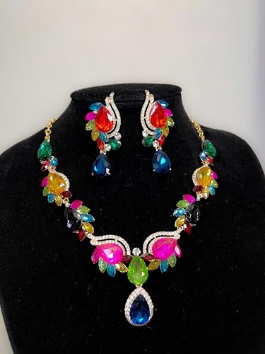 Women Jewelry Set Rhinestone Crystal Bride Statement Choker Necklace Teardrop Cluster Dangle Earrings Set for Wedding Prom Party - color: Colorful