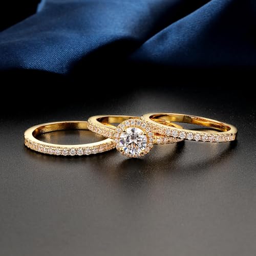 MDFUN Three in One Round/Oval/Eye/Teardrop Halo Wedding Bands Set Engagement Rings 18K Yellow Gold Plated Cubic Zirconia Promise Eternity Band for Women Size 5-10 - style: Round
