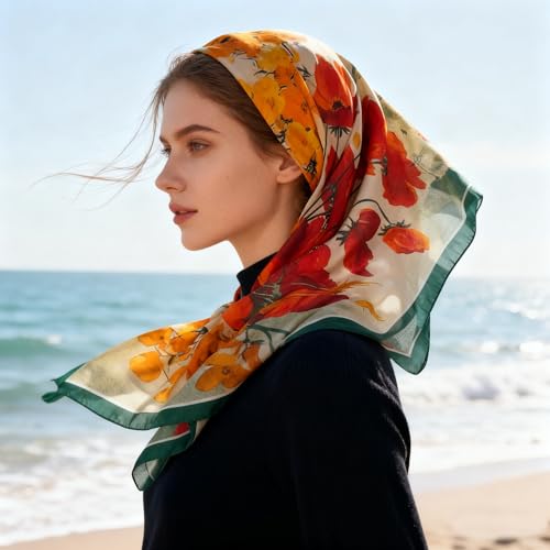 K-Elewon Large Square Scarf 43" Silk Scarf Fashion Scarves Silk Feeling Hair Wrapping Scarfs Night Sleeping Headscarf - color: Vb14