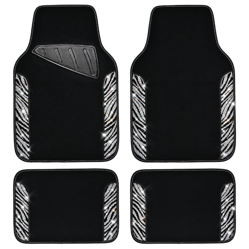 CAR PASS Bling Zebra Car Mats Rhinestones Diamond Waterproof Floor Mat Crystal Sparkly Shining Glitter Carpet Anti-Slip PVC Heel Pad, Universal Fit Automotive SUV,Sedan,4pcs Girly Women, Zebra Diamond - color: Zebra