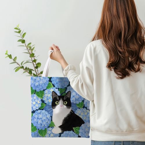 Preppy Animal Tote Bag, Pet Canvas Tote Bag, Reusable Grocery Shopping Shoulder Bags - color: Floral Cat