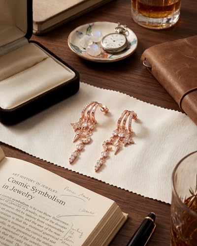 MUMREUES Gold Earrings for Women Trendy 14K Gold Plated Dangle Earrings Small Hoop Huggie Drop Stud Earrings Cubic Zirconia Simple Minimalist Dainty Chain Tassel Hypoallergenic Earrings - color: Celestial & Rose Gold