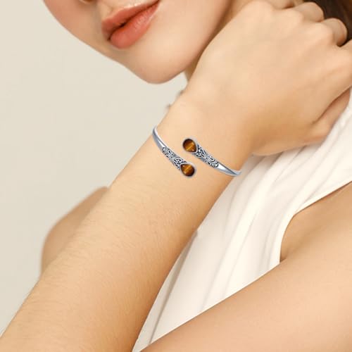 925 Sterling Silver Genuine Gemstone Bracelet for Women Men Handmade Adjustable Boho Navajo Style Bangle Cuff Natural Stone Jewelry Gift - color: Tiger Eye