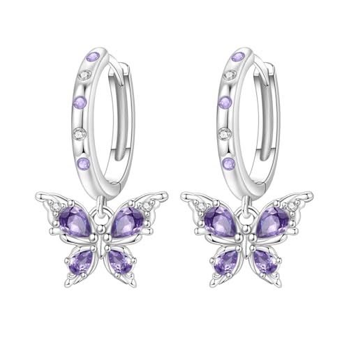 925 Sterling Silver Dangle Earrings for Women, Butterfly&Bee Animals Design, Hypoallergenic Jewelry gifts - color: Purple stone inlaid butterfly earrings