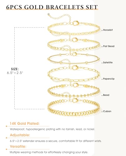 Dainty Gold Bracelets for Women, 14K Gold Plated Stackable Bracelet Set, Adjustable Beaded Cuban Paperclip Herringbone Figaro Snake Rope Chain Jewelry - style: Set9 Gold 6Pcs