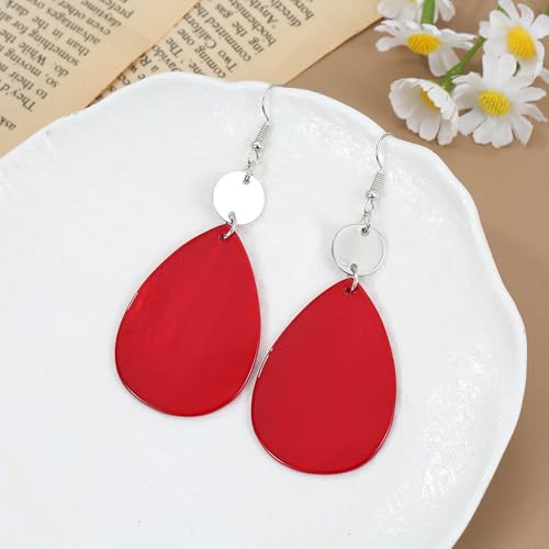 Elisheva Bohemian Lightweight Mother of Pearl Shell Drop Dangle Earrings for Women, Boho Chic Hippie Waterdrop Statement Jewelry Gift - color: red