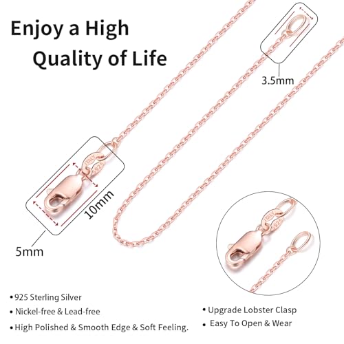 Jewlpire 18k Gold Plated 925 Sterling Silver Chain Necklace for Women, 1.1mm Cable Chains Necklace Thin & Dainty & Sturdy Women's Chain Necklaces, 14/16/17/18/20/22/24 Inches - color: 18K Rose Gold Plated, size: 18 Inch