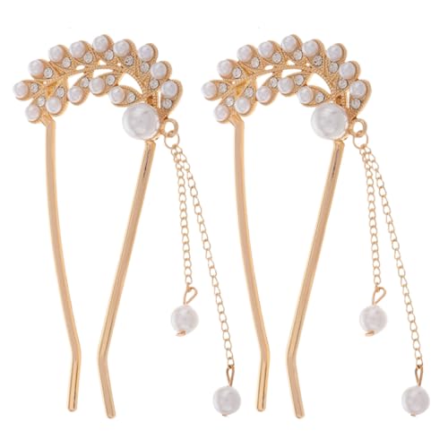 Healifty 2pcs U-shaped Metal Hair Pins with Pearls Double Prong Hair Forks for Women’s Updo and Bun Hairstyles Vintage for Thick Long