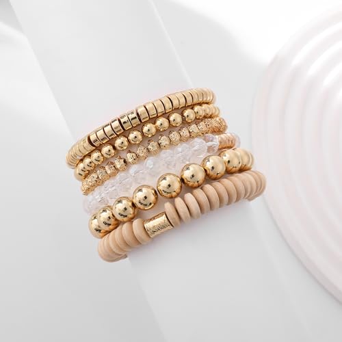 GOOJIDS Simple Beaded Gold Plated Bangles Bracelet Chunky Bamboo Tube Curved Stacking Clear Acrylic Colorful Beads Stretchable Gold Plated Bracelets Set For Women - color: A-A1 Gold Bead Set E