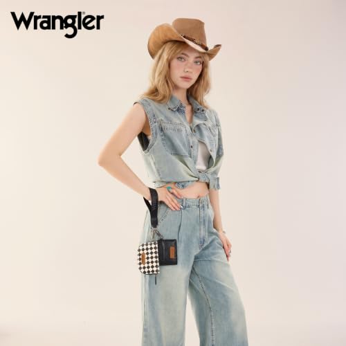 Wrangler KeyChain Wallet Checkered Wristlet Wallets for Women Western Dual Pouch Wristlet Credit Card Holder Wallet - color: Checkered Black