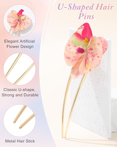 WELROG 3 Pack Hawaiian Orchid Flower Hair Pins,Metal Hair Sticks for Beach Vacation,Non-Slip Fork for Thick Hair Updo - color: Pink1+Pink2+Orange
