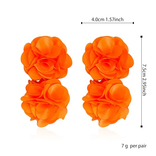 Oversized Fabric Flower Earrings for Women Statement Boho Chic Dangle Drop Earrings for Parties Weddings or Everyday Wear - color: Orange