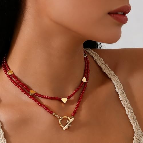 Red Beaded Necklace for Women Choker Gold Toggle Clasp Layered Stack Dainty Statement Western Boho Trendy Summer Vacation Necklaces Birthday Jewelry Gifts - color: B2:Heart Beaded Necklace