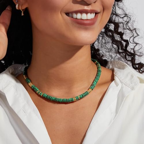 KissYan Boho Beaded Choker Necklace for Women, Gemstone Choker Natural Stone Freshwater Pearl Surfer Necklaces 14K Gold Plated Summer Beach Handmade Jewelry - color: Q-Malachite