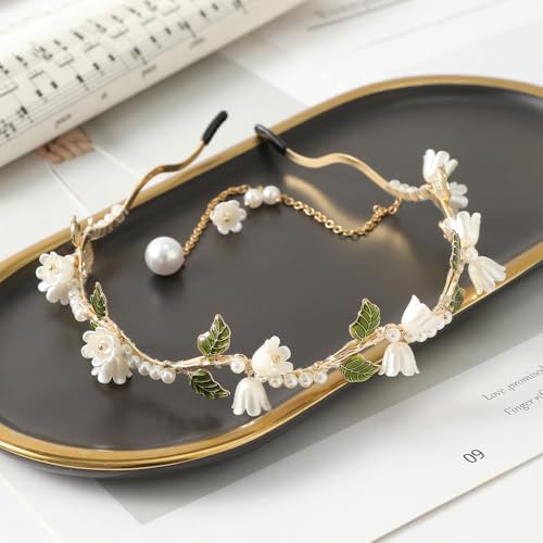 AHONEY Flower Headband for Women Girls Hair Vine Gold Leaf Boho Headband Wedding Fairy Accessories Headpiece Bridal Crown (Floral) - color: Green