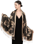 Achillea Reversible Paisley Pashmina Rave Scarf – Exotic Indian Shawls and Wraps for Evening Dresses, Festivals, All Seasons - color: Floral Black Gold
