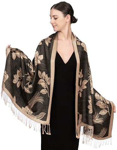 Achillea Reversible Paisley Pashmina Rave Scarf – Exotic Indian Shawls and Wraps for Evening Dresses, Festivals, All Seasons - color: Floral Black Gold