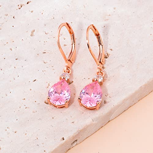 CiNily Teardrop Leverback Dangle Earrings for Women Hypoallergenic 14K Gold Plated Cubic Zircon Drop Earrings Fashion Crystal Earrings for Girls Jewelry Christmas Gifts - color: Pink CZ-Rose Gold Plated
