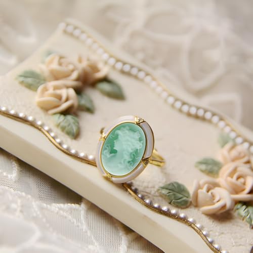 Victorian Cameo Ring in Shell Frame, Antique Agate Cameos Silhouette Rings Adjustable, Vintage Retro Art Deco Cameo Jewelry for Women - color: Green,b