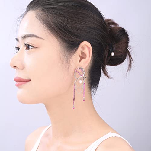Unique Abstract Face Art | Dangle Statement Long Earrings for Women | Rhinestone Tassel Handmade Chandelier Earrings - color: Silver Red Diamond