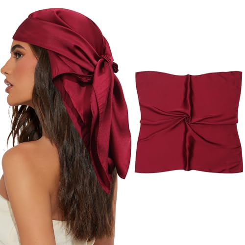AWAYTR 27.5” Square Satin Head Scarf Hair Scarf for Women's Hair Silk Bandana for Women Silk Head Wrap for Sleeping - color: Dark Red