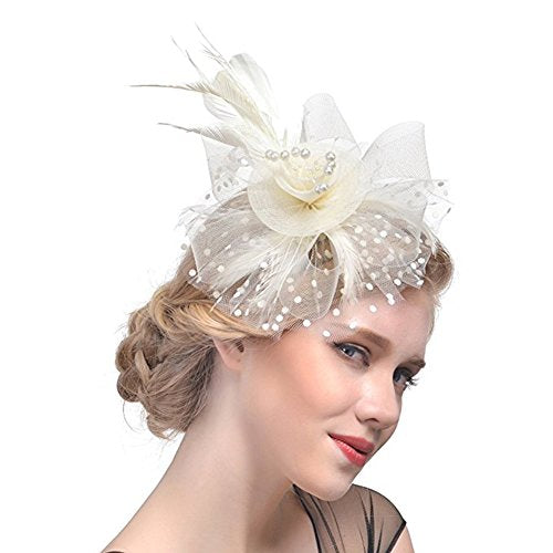 DRESHOW Fascinators Hat Flower Mesh Ribbons Feathers on a Headband and a Clip Tea Party Headwear for Girls and Women - color: 7" Diameter / Beige