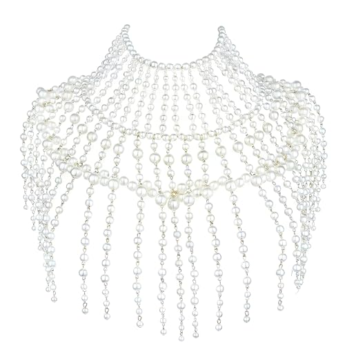 Pearl Shawl Layered Jewelry Shoulder Body Chain Harness Pearl Beaded Necklace Collar - color: Colorless