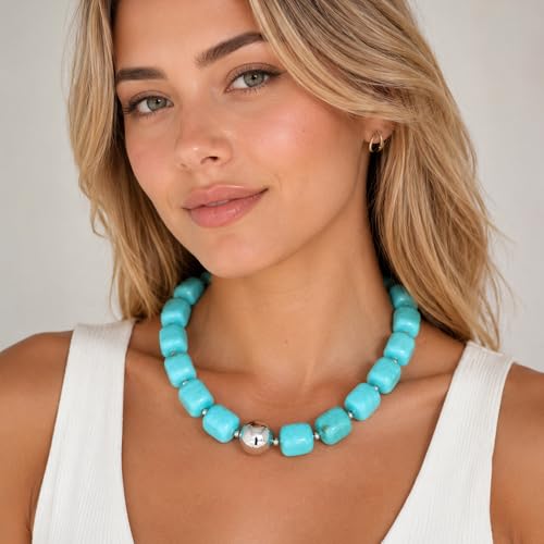 Mchic Colorful Beaded Choker Necklace for Women: Boho Large Square Acrylic Beaded Necklace Stainless Steel Adjustable Surfer Beach Strand Necklaces Summer Handmade Jewelry Gift for Women - color: Teal-Silver
