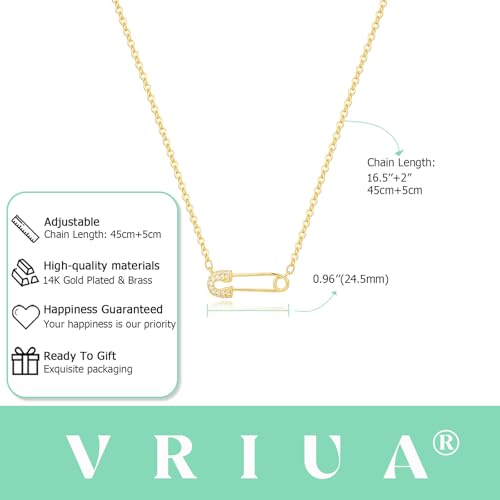 VRIUA Gold Necklace for Women - 14K Gold Plated Dainty Italian Horn Star of David Butterfly Bow Sun Lotus Volleyball Baseball Cowboy Boots Necklace Jewelry Everyday for Women - style: Safety Pin