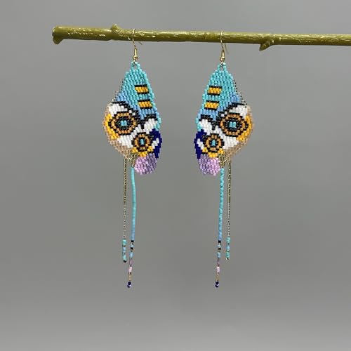 Handmade Seed Beaded Earrings, Lightweight Boho Fringe Dangle Earrings, Glass Bead Drop Jewelry for Everyday Wear & Party, Women Gifts - color: Budgie