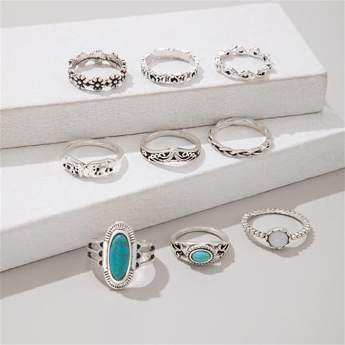 Bohemian Turquoise Ring Set for Women,Vintage Gem Turquoise Opal Joint Knuckle Stackable Rings Chunky Boho Midi Ring Pack Punk Western Ring Mixed Size - style: Style E