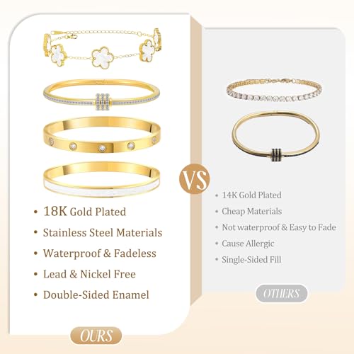 MOINSPIRE Gold Bracelets for Women, 18K Gold Plated Tennis Nail Clover love Bangle Bracelets Set Non Tarnish, Stainless Steel Trendy Stackable Bracelet Fashion Jewelry Accessories Gifts for Christmas - color: C2-White