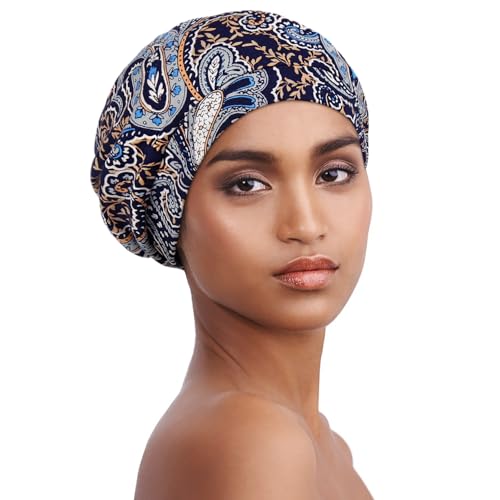Alnorm Satin Lined Beanie Breathable Skullcap for Women with Cancer Hair Loss Navy Paisley - color: Navy Paisley