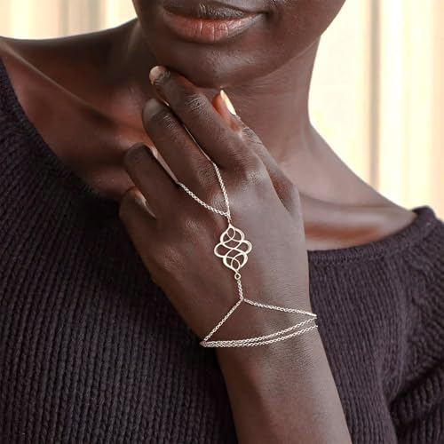 925 Sterling Silver Hand Chain Boho Finger Ring Bracelet for Women Dainty Adjustable Floral Layered Chain Slave Bracelets, Sterling Silver Durable Waterproof Summer Beach Vocation Finger Ring Jewelry