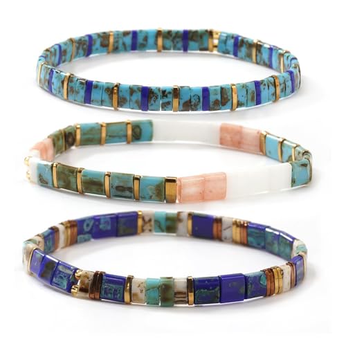 Tila Flat Square Stack Beaded Bracelets Set for Women Men, Boho 3Pcs Romantic Handmade Healing Gold Colorful Stretch Accessories Jewelry, Daily Vacation Party Holiday Friendship Gift - color: Blue Peach